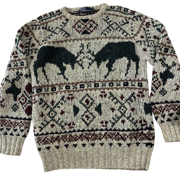 VTG Polo Ralph Lauren Men’s Hand Knit Wool Sweater Stag Fair Isle Moose M - Picture 1 of 8